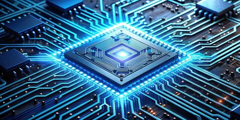 The intricate network of glowing blue circuitry, a symphony of data flow, culminates at the heart of the board, a powerful processor pulsing with digital energy.