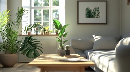 Fototapeta premium A living room with a couch, coffee table, and potted plants