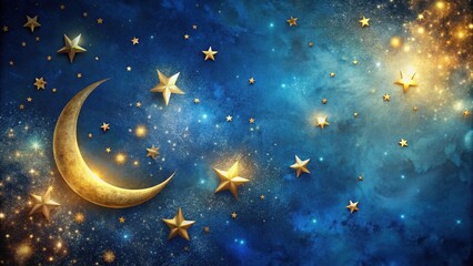 Naklejka premium A celestial tapestry of golden stars and a crescent moon illuminating a vast expanse of midnight blue with sparkling cosmic dust.