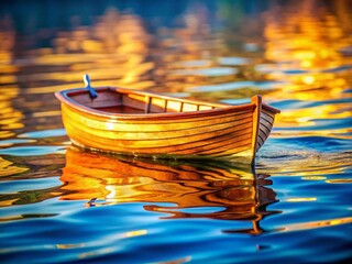Close-up Macro Shot: Wooden Boat on Calm Water, Sunlit Reflections