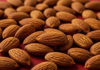 Fototapeta premium Close-up of whole almonds on red background, highlighting texture and detail