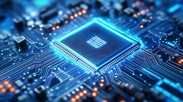 Artistic futuristic chipset rendered with seamless glowing circuits