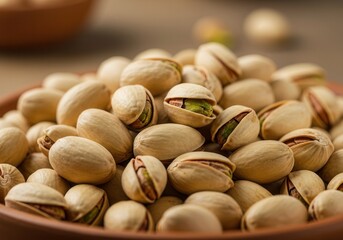 Close-up view of a bowl filled with roasted pistachios on a rustic table