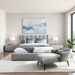 Fototapeta premium a serene and modern bedroom, characterized by its elegant design and calming color palette. Bed, Artwork, Lighting, Seating Area, Plant Decor, Flooring, Windows.