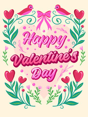 A cheerful Valentine's Day greeting card with vibrant pink text, hearts, flowers, birds, and ribbons, perfect for celebrating love and affection