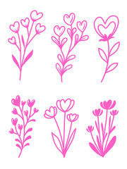 Collection of pink floral illustrations with heart-shaped petals and stems. Suitable for romantic designs, Valentine's Day themes, and creative projects.