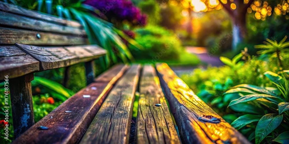 Wall mural Close-up of Rustic Wooden Garden Bench at Dusk - Low Light Photography