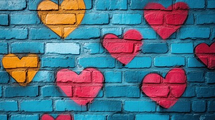 Bright graffiti art with LOVE and heart motifs on a brick wall leaving space for text copy space urban theme dynamic blend mode city street backdrop