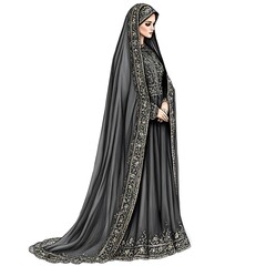 Naklejka premium Elegant illustration of a woman in a flowing black abaya with gold embroidery.
