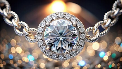 Fototapeta premium A large, brilliant diamond, set in a delicate halo of smaller diamonds, sits atop a twisted metal band, the entire piece gleaming against a backdrop of soft, colorful bokeh.