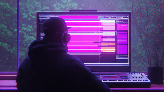 Security analyst with headphones at cybersecurity workspace with glowing purple code interface, Modern tech monitoring concept
