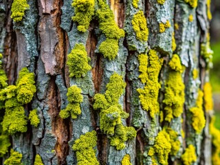 Obraz premium Close-up Panoramic of Gray Tree Bark Textured with Vibrant Green Lichens