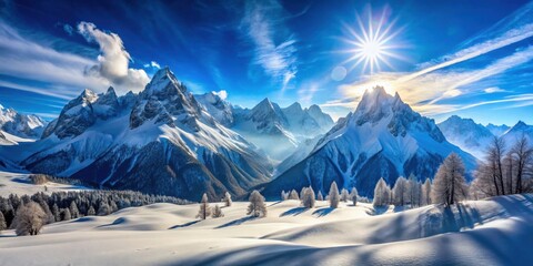 A dazzling sun illuminates a majestic snow-capped mountain range, its rays casting long shadows across the pristine white landscape.