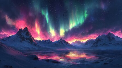 A stunning aurora borealis illuminates a snowy mountain landscape, reflecting vibrant colors in a tranquil lake.
