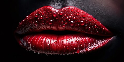 Fototapeta premium Close-up Red Lipstick with Water Droplets - Isolated on Black Background
