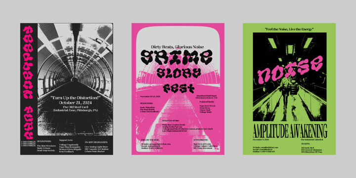 Analog punk poster set, Poster collection for print and social media. Flyer template set, Brutalism poster for band and event. Poster graphic design set