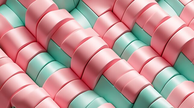 Abstract 3D render of pink and mint cubes arranged in a zigzag layout