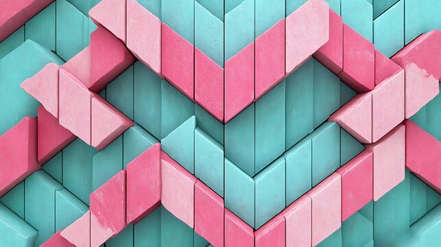 Abstract 3D render of pink and mint cubes arranged in a zigzag layout