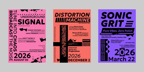 Analog punk poster set, Poster collection for print and social media. Flyer template set, Brutalism poster for band and event. Poster graphic design set