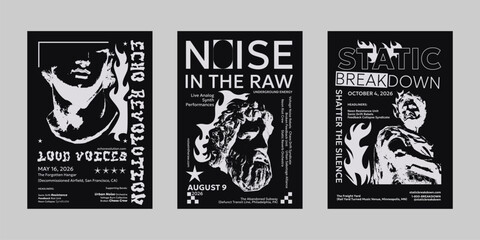 Analog punk poster set, Poster collection for print and social media. Flyer template set, Brutalism poster for band and event. Poster graphic design set
