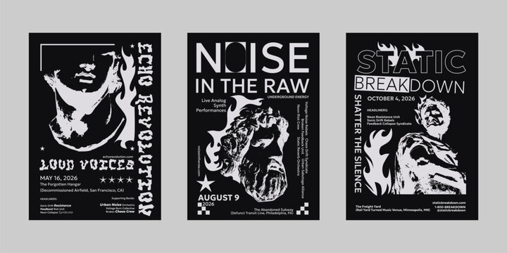 Analog punk poster set, Poster collection for print and social media. Flyer template set, Brutalism poster for band and event. Poster graphic design set