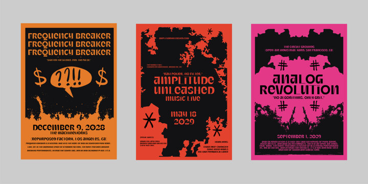 Analog punk poster set, Poster collection for print and social media. Flyer template set, Brutalism poster for band and event. Poster graphic design set