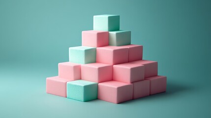 Obraz premium Abstract 3D render of pink and mint cubes forming a stepped tower