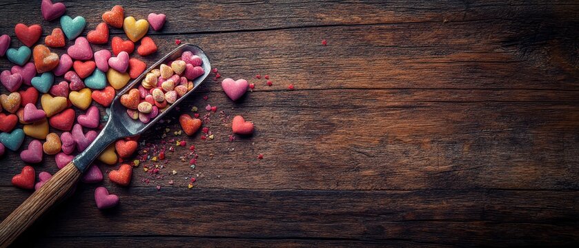 Colorful candy hearts with romantic messages scattered on a wooden surface leaving space for text close up playful theme whimsical overlay sweets shop backdrop