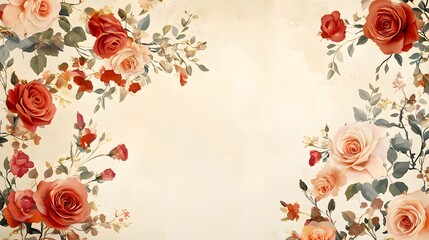 A delicate watercolor illustration of roses and greenery forming a floral frame on a soft beige background, perfect for elegant designs.
