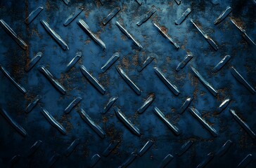 A grungy close-up of a weathered blue metal plate with rust, scratches, and bolts, showcasing industrial and vintage textures.
