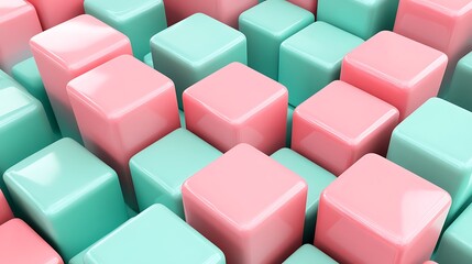 Fototapeta premium Abstract 3D render of pink and mint cubes floating in staggered layers
