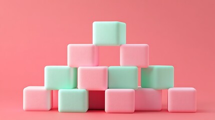 Abstract 3D render of pink and mint cubes forming a gradient pyramid
