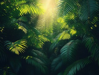 Fototapeta premium Lush green foliage illuminated by sunlight, creating a serene and vibrant atmosphere in a tropical forest.