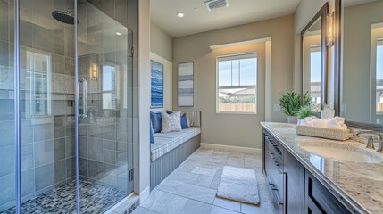 A bathroom with a shower, sink, and a bench