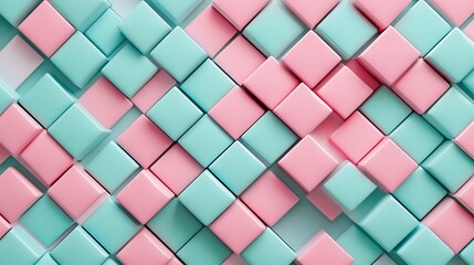Abstract 3D render of pink and mint cubes aligned in a diamond grid