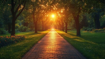 Fototapeta premium A serene pathway lined with trees, illuminated by a warm sunset, inviting peaceful strolls in nature.