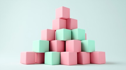 Abstract 3D render of pink and mint cubes stacked in a triangular layout