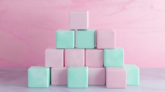 Abstract 3D render of pink and mint cubes stacked in a triangular layout