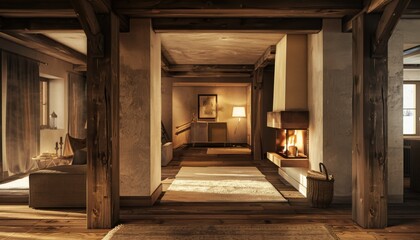 Rustic Charm, A rustic corridor opens to a cozy living room with a fireplace, warm tones, wooden beams, and plush seating creating a comfortable ambiance.