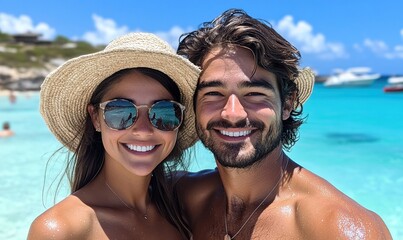 Obraz premium A joyful couple poses on a sunny beach, showcasing their smiles and relaxed atmosphere.