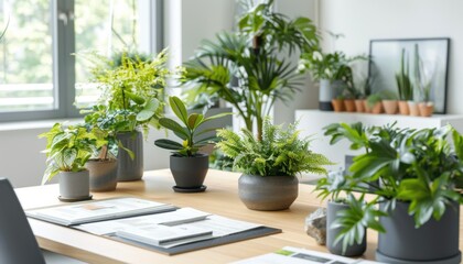 Fototapeta premium Serene Workspace, Sustainable Style: A minimalist desk adorned with thriving indoor plants, showcasing eco-conscious business practices.