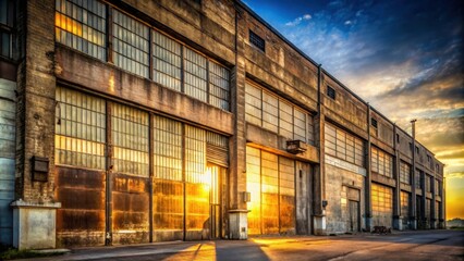 An Industrial Building Bathed in Golden Light with a Row of Large Windows Casting a Warm Glow on the Concrete Floor