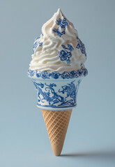 An ice cream cone covered in a blue and white Delft-style pattern. Minimal creative art and food advertisement concept. Copy space, flat lay.