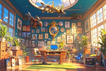 Obraz premium Sunlit artist's studio with antique furniture, artwork, and flying machines.