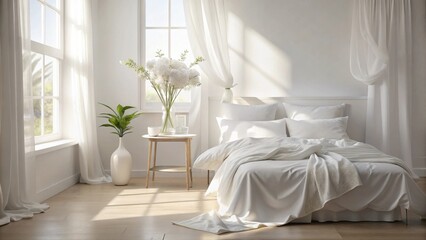 A serene and minimalist bedroom setting with a pristine white bed and soft natural light streaming through a window, creating a calming and inviting ambiance.