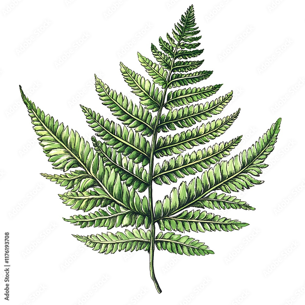 Wall mural Detailed Watercolor Illustration of a Lush Green Fern Frond Isolated on White Background.