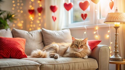 Cozy Cat Sleeping on Valentine's Day Sofa - Minimalist Living Room Stock Photo