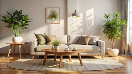 Cozy Modern Living Room: Rounded Sofa, Natural Light, Wooden Coffee Table