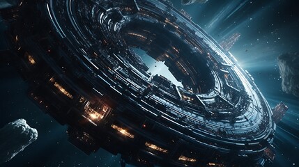 Futuristic Space Station Orbiting Through Asteroid Field