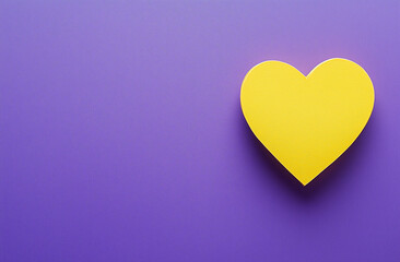 A yellow heart-shaped cutout made from purple paper, providing a flat lay composition with copy space. Minimalist creative Valentine’s holiday concept. Copy space, flat lay.